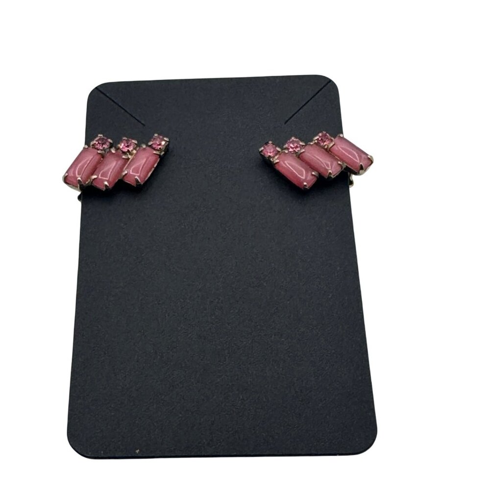 Vintage Pink Rhinestone & Enamel Clip-On Earrings